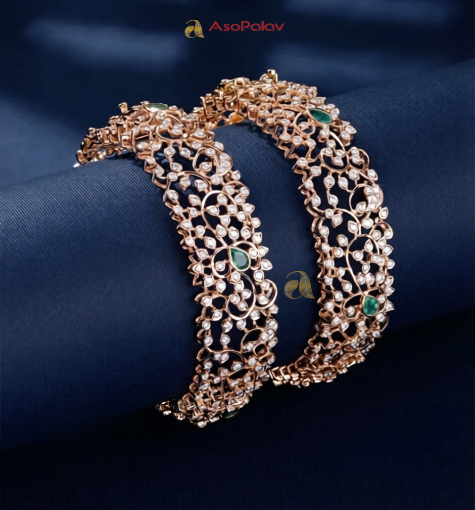 18K Gold Floral Diamond Bangles with Emerald Stones – Asopalavjewellers